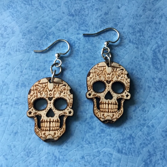 Jewelry - Wooden Sugar Skull Earrings Day of Dead